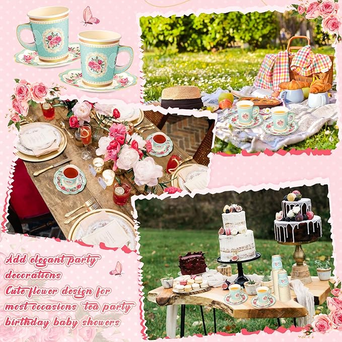 Tioncy 100 Pcs Tea Party Decorations Include 50 Pieces 9 oz Paper Tea Cups with Handle and 50 Plates Disposable Teacups and Saucers Sets for Birthday(Blue Floral)