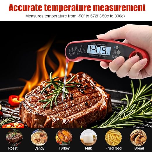 Digital Instant Read Food Thermometer with Backlight, LCD Display, Calibration Function, Built-in Bottle Opener for Grilling, BBQ, Turkey, Candy, Liquid Temperature Measurement, Red