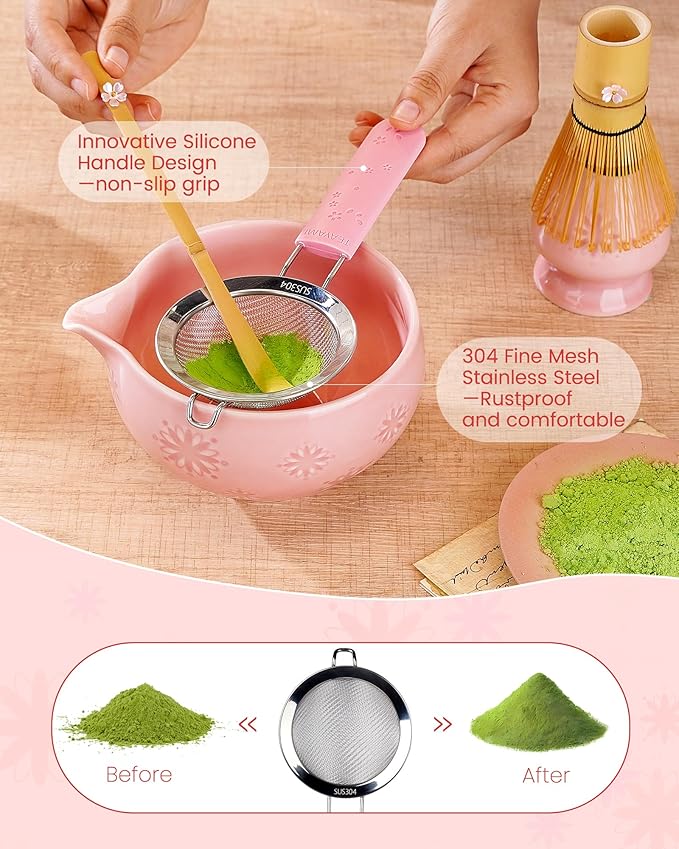 Matcha Whisk Set, 6pcs Matcha Set Includes Matcha Bowl with Spout, Bamboo Whisk & Scoop with Cute Charm, Chasen Holder, Innovative Sifter Handle, Tea Mat for Latte Making, Pale Pink