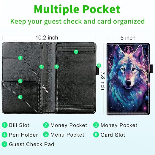 Server Books for Waitress, with 7 Large Pockets, Waiter Serving Book, Waitstaff Server Order Pads, Cute PU Leather Server Book with Pen Holder Fit Server Apron, Cosmic Wolf - Image 3