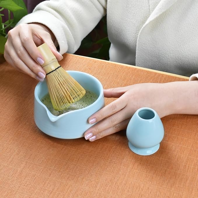 Artcome Matcha Tool Set - Complete Kit with Matcha Bowl with Spout, Bamboo Whisk, Tea Scoop & Whisk Holder, Celadon Blue
