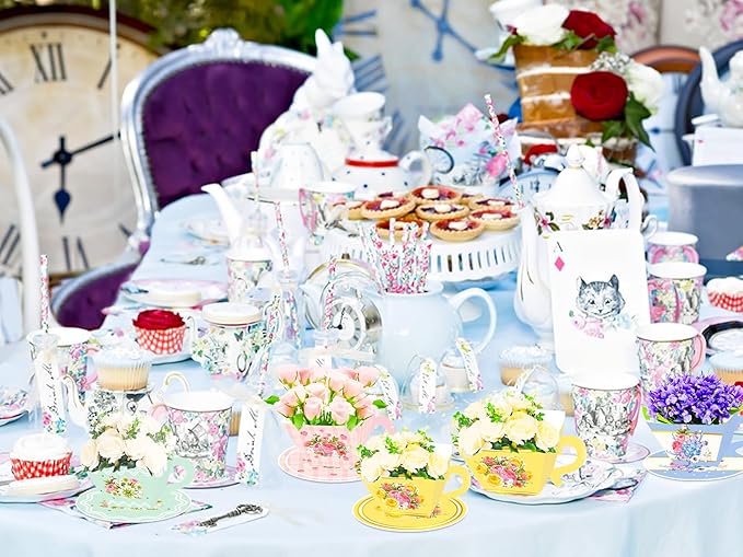 LaVenty 24PCS Vintage Floral Tea Party Tea Cups and Saucer Sets Tea Party Centerpiece