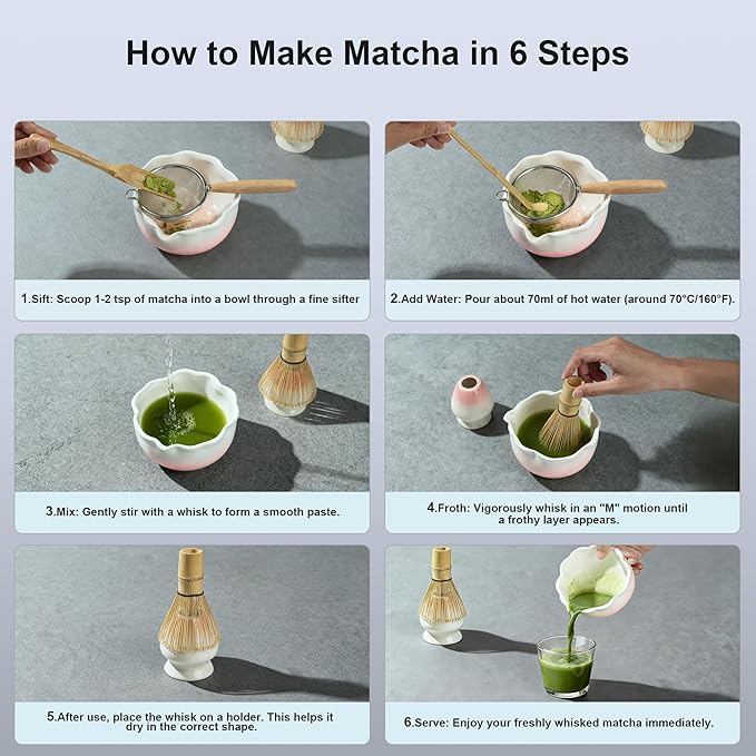 8Pcs Matcha Whisk Set with Floral Ceramic Matcha Bowl, Wooden-Handled Sifter, Bamboo Whisk, Whisk Holder, Bamboo Scoop, Scoop Rest, Spoon, Tea Towel, Greeting card, Gift for Beginners