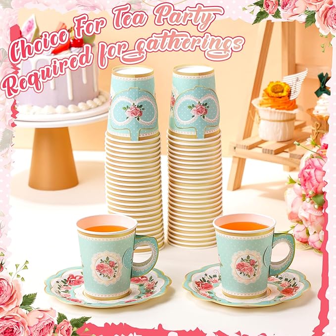 Tioncy 100 Pcs Tea Party Decorations Include 50 Pieces 9 oz Paper Tea Cups with Handle and 50 Plates Disposable Teacups and Saucers Sets for Birthday(Blue Floral)