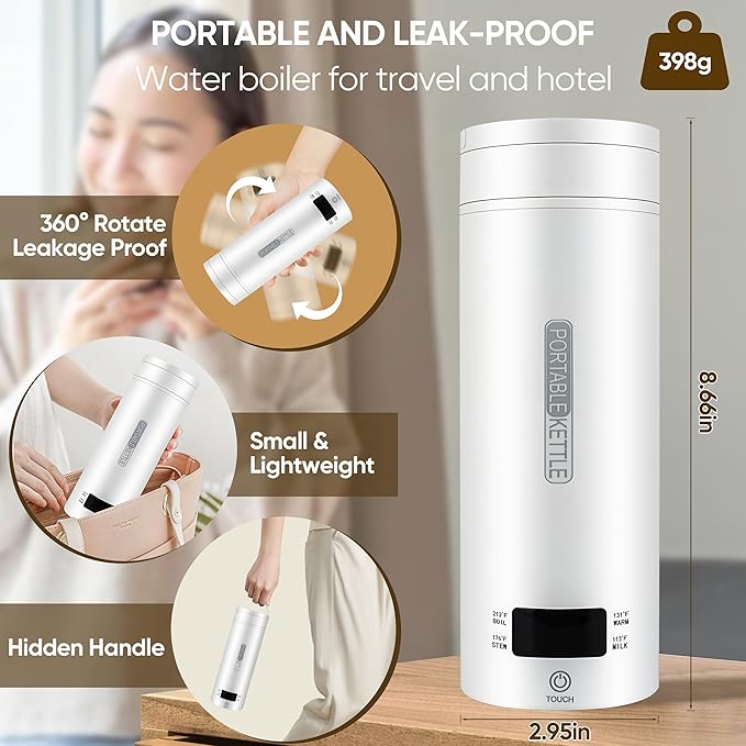 Portable Electric Kettle, Travel Tea Kettle, Small Hot Water Boiler Coffee Heater 450ML, 316 Stainless Steel, 4 Temperature Settings with Fast Boiling Water Auto Shut-off Boil Dry Protection (White)