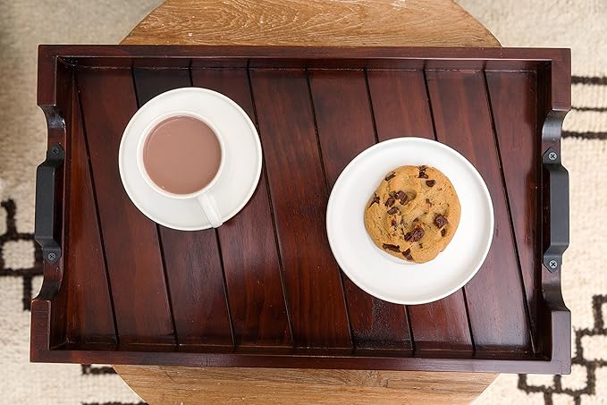 Bamboo Land- Large Wooden Serving Tray with Handle, 20” X 12’’, Dark Brown, Wooden Tray with Handles, Serving Tray with Handles