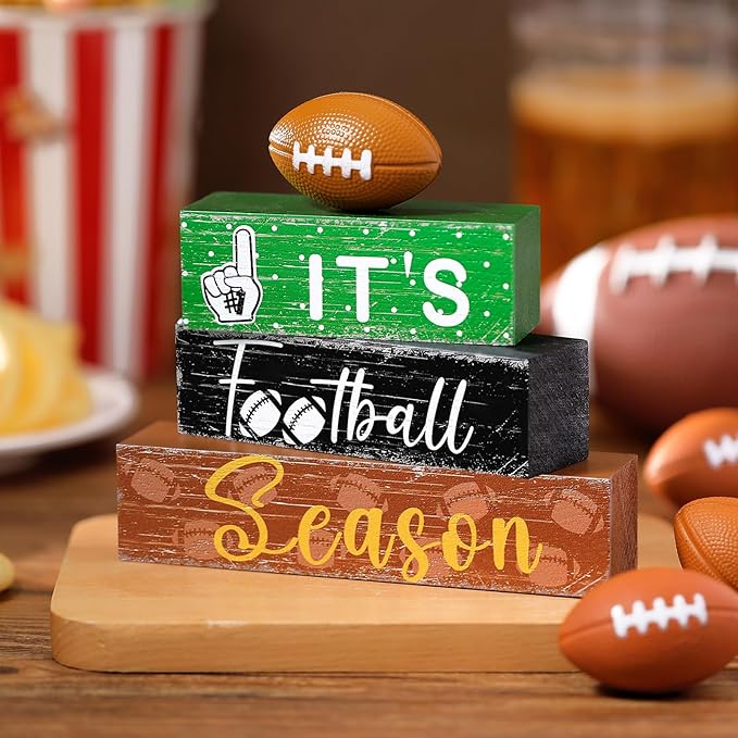 Geelin 4 Pcs Football Table Decorations Football Tiered Tray Decor Wooden Sign Centerpiece Decorative Faux Stack Book Block for Coffee Table Fireplace Mantel Floating Shelf