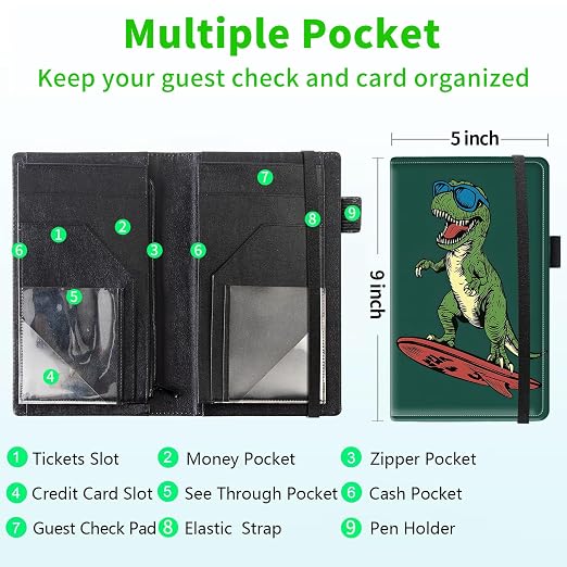 Server Books for Waitress, 5x9 Inch Waitstaff Server Order Pads, 11 Large Pockets, Cute PU Leather Waitress Book Server Wallet with Elastic Band Fit Server Apron,Surfing Dinosaur - Image 3