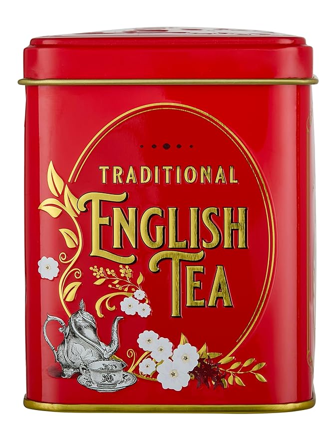 New English Teas Vintage Victorian Tea Tin in Berry-Red with 40 English Breakfast Teabags