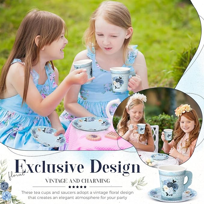 200 Pcs Floral Paper Tea Cups and Saucers 7 oz Disposable Tea Party Decorations Vintage Cute Paper Tea Cups and Plates with Handles for Girls Wedding Baby Bridal Shower Birthday, Serve 100(Blue)
