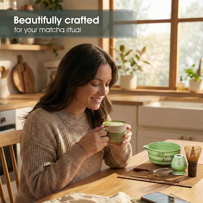 7-Piece Matcha Set with Ceramic Matcha Bowl, Bamboo Whisk (Chasen) & Holder, Sifter, Tea Scoop & Rest, Special Bamboo Tea Mat - Perfect Matcha Kit for Matcha Lovers & Gift Giving, Green