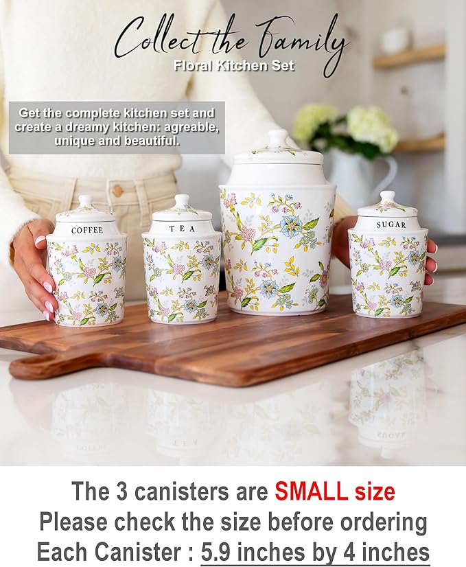Small Coffee Tea Sugar Canister Set with Airtight Lids - Elegant Flower Kitchen Canisters Set of 3 Pantry Jars Containers - Decorative Ceramic Canister Set for Countertop or Coffee Bar - 13.5 Ounce