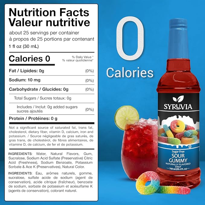 Syruvia Sugar Free Sour Gummy Flavored Syrup for Drinks, Cocktails, Lemonades, Iced Teas and Desserts – 25.4 fl oz, With Pump - Image 2