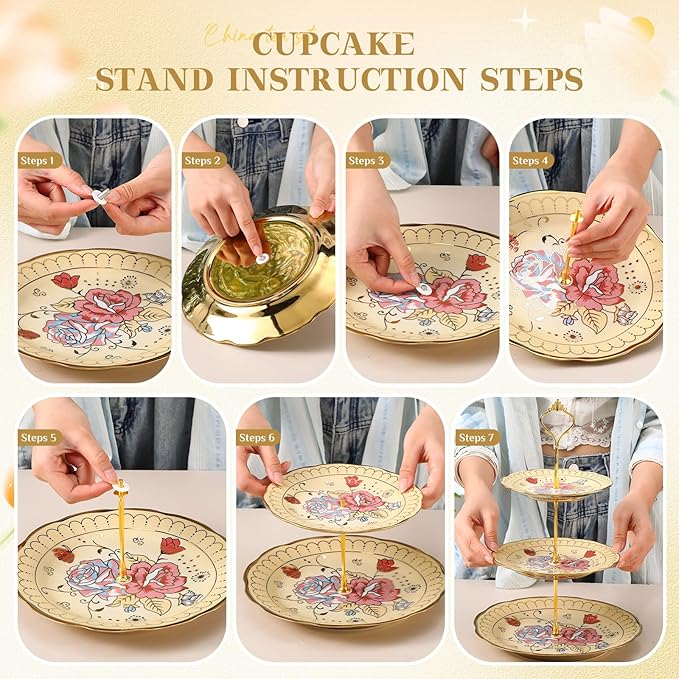 21 Pcs Ceramic Teapot Set Vintage Porcelain Tea Cups with Metal Holder and High Tier Cupcake Stand Saucers for Women Girls Farmhouse European Weddings Party Decor Gifts(Yellow,Fall)