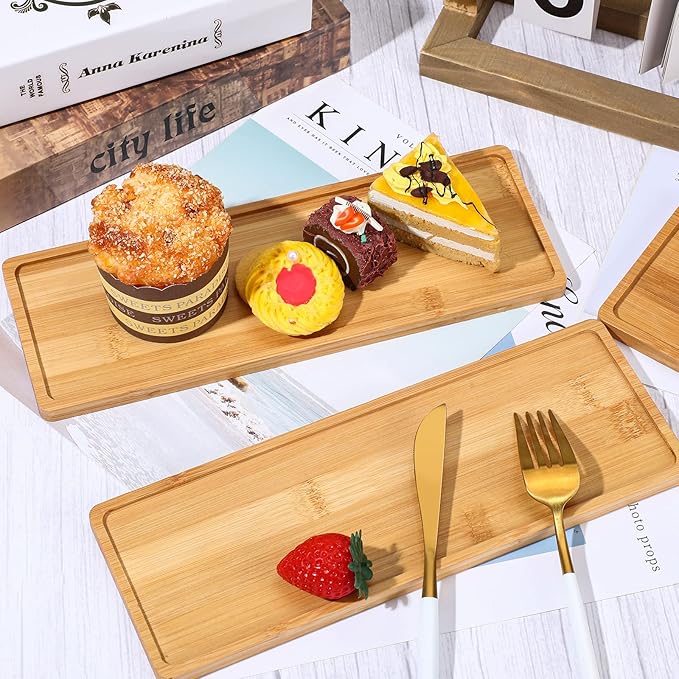 Chengu 3 Pcs Bamboo Vanity Trays for Bathroom Small Wooden Serving Tray for Bathroom Counter Food Appetizer Tea Dessert Kitchen Candle Tissue Toilet Tank Home Decor, 11 x 4 Inch(Rectangle Edge Style)
