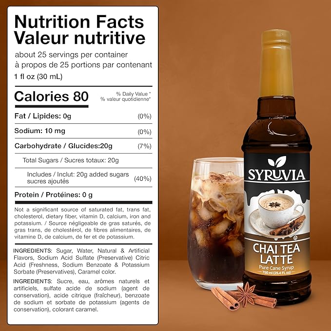 Syruvia Chai Tea Coffee Syrup - 25.4 fl oz. Ideal for Enhancing Drinks, Sodas, Shakes, Desserts, and More With Pump