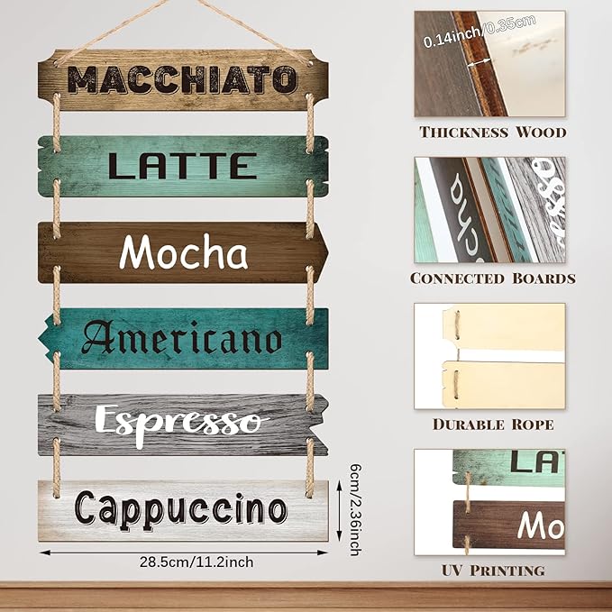 Chunful Coffee Bar Decor Coffee Signs Wooden Rustic Vintage Hanging Wall Art Decorative Signs Plaques for Bar Farmhouse Station Home Kitchen Office,21.3 x 11.2 Inches