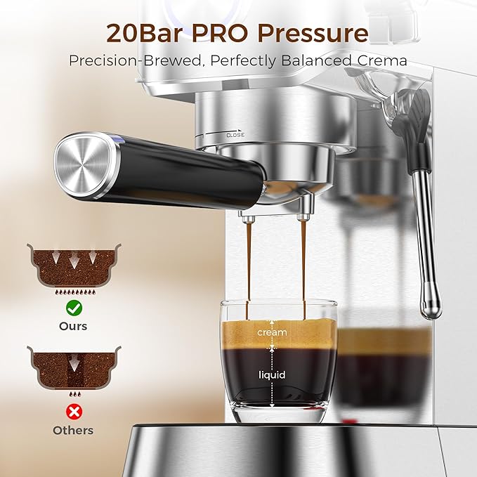 Kndko Espresso Machine, 20 Bar Espresso Maker with Milk Frother, Compact Stainless Steel Coffee Machine with 34oz Removable Water Tank for Cappuccino, Latte
