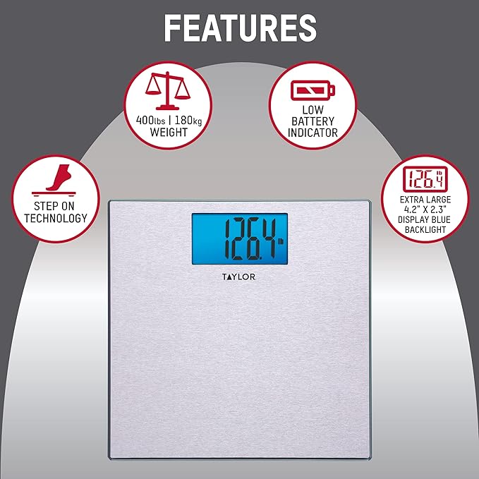 Taylor Digital Scales for Body Weight, 400 LB Capacity, Unique Blue LCD, Auto on and Off Scale, 11.8 x 11.8Inches, Stainless Steel