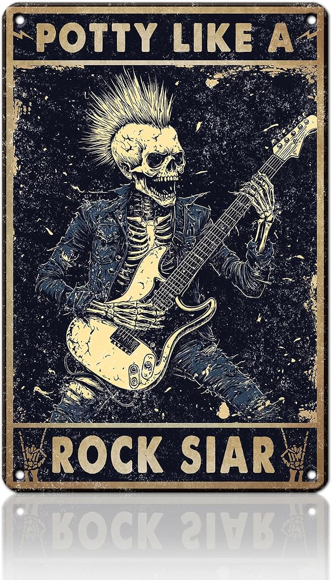 Potty Like A Rock Star Skeleton Metal Sign Retro Tin Sign Wall Decor for Farmhouse Kitchen Cafe Home Yard 12×16 Inch by Unknown