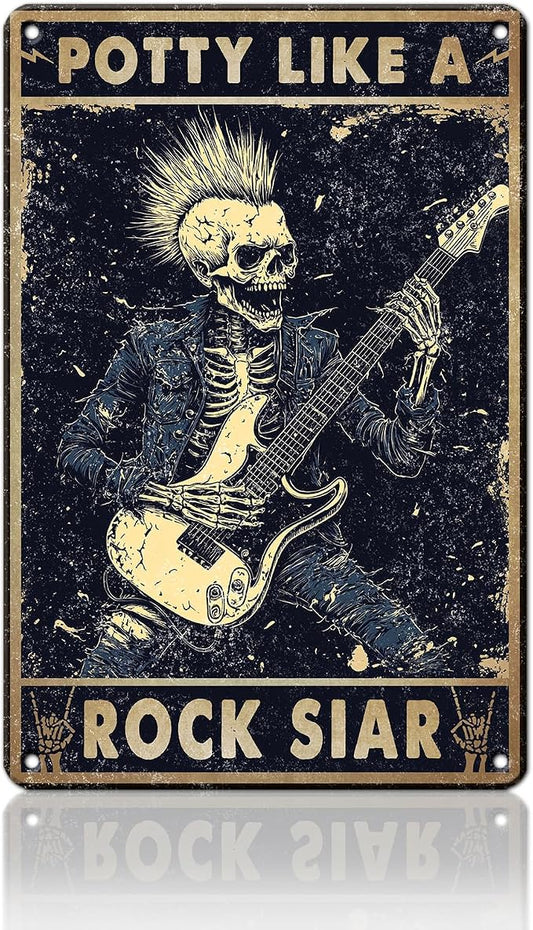 Potty Like A Rock Star Skeleton Metal Sign Retro Tin Sign Wall Decor for Farmhouse Kitchen Cafe Home Yard 12×16 Inch by Unknown