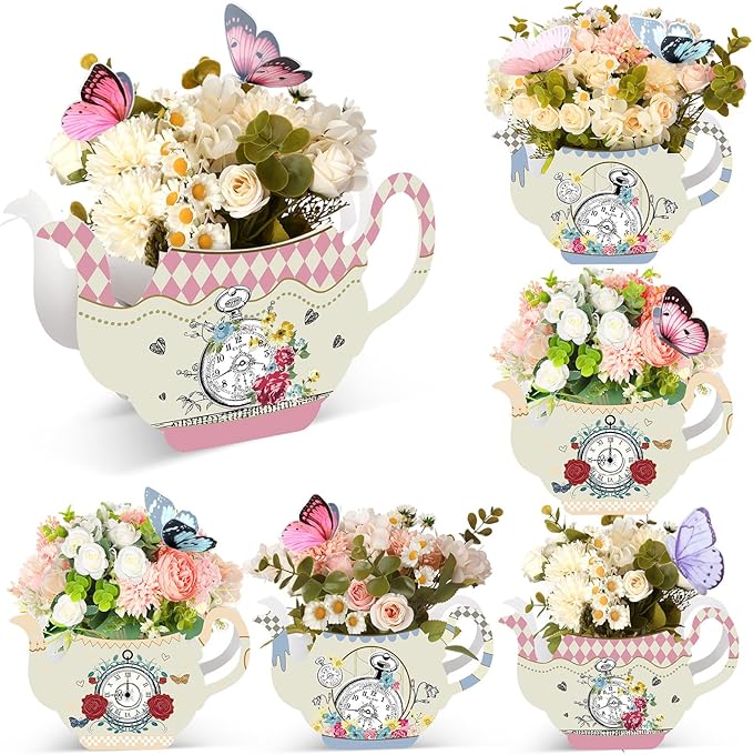 Yinder 6 Pcs Tea Party Decorations Princess Party Flower Boxes Centerpiece Floral Teapot Centerpiece for Floral Tea Themed Birthday Wedding Supplies(Vintage Tea Pot Tea Cup)