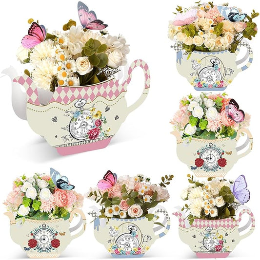 Yinder 6 Pcs Tea Party Decorations Princess Party Flower Boxes Centerpiece Floral Teapot Centerpiece for Floral Tea Themed Birthday Wedding Supplies(Vintage Tea Pot Tea Cup)
