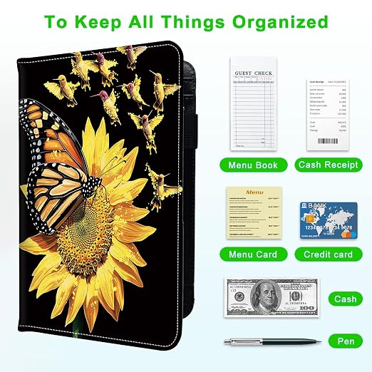 Server Books for Waitress, with 7 Large Pockets, Waiter Serving Book, Waitstaff Server Order Pads, Cute PU Leather Server Book with Pen Holder Fit Server Apron,Butterfly & Birds - Image 5