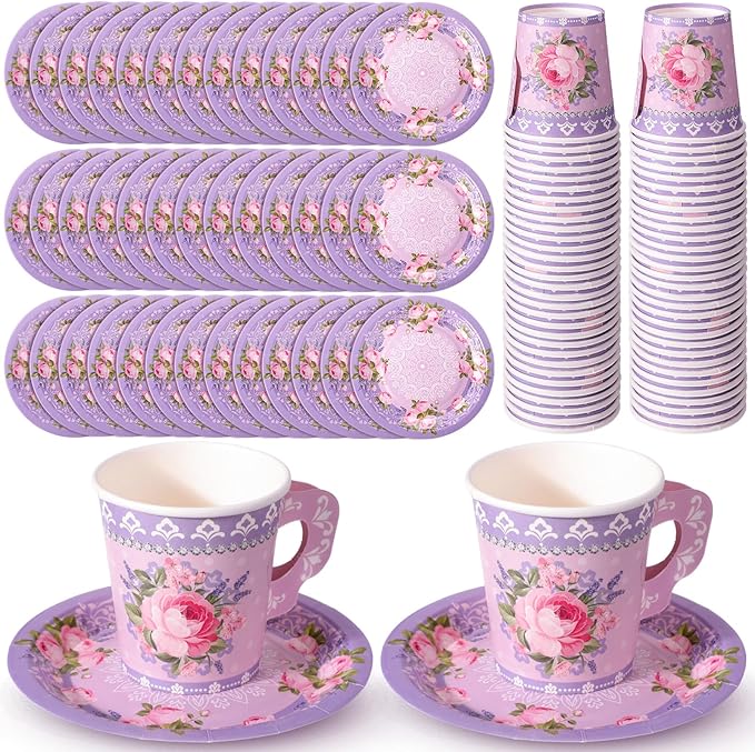 Nuogo 200 Pcs Floral Paper Tea Cups and Saucers 7 oz Disposable Tea Party Decorations Vintage Cute Paper Tea Cups and Plates with Handles for Wedding Baby Bridal Shower Birthday, Serve 100 (Purple)