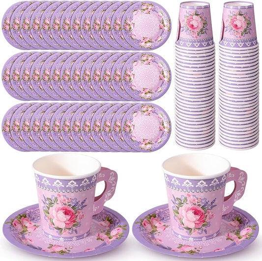 Nuogo 200 Pcs Floral Paper Tea Cups and Saucers 7 oz Disposable Tea Party Decorations Vintage Cute Paper Tea Cups and Plates with Handles for Wedding Baby Bridal Shower Birthday, Serve 100 (Purple)