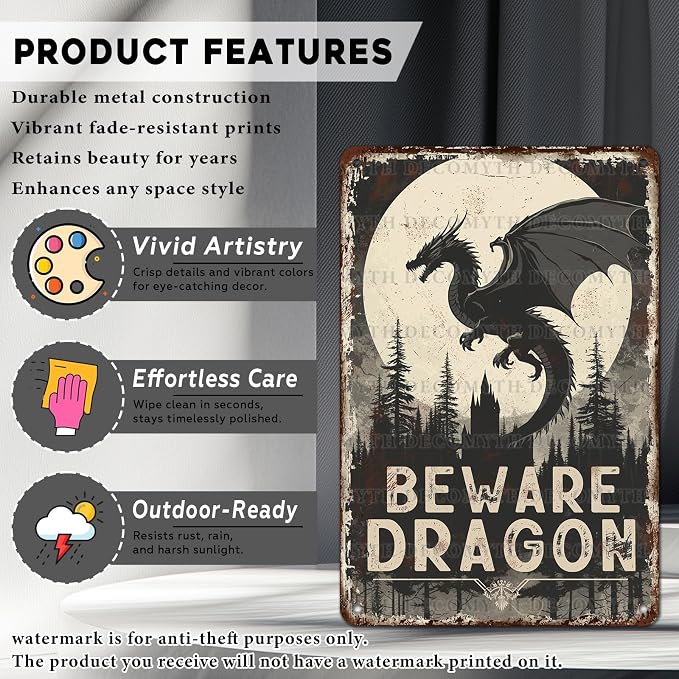 Dragon Sign Beware of Dragon Metal Tin Sign for Home Farm Outdoor Bathroom Restaurant Cafes Bars Club Kitchen Garage Vintage Art Wall Decor 12 * 8inch - Image 2