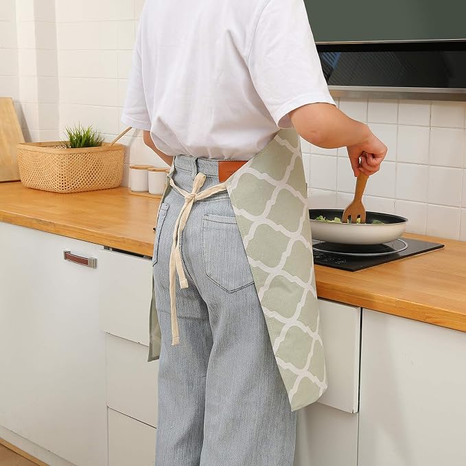 Tosewever 2 Pieces Cotton Linen Waterproof Bib Kitchen Apron with Pockets - Long Ties Adjustable Neck Strap - Unisex BBQ Cooking Drawing Crafting Aprons for Women Chef (Grey/Green, 2) - Image 8