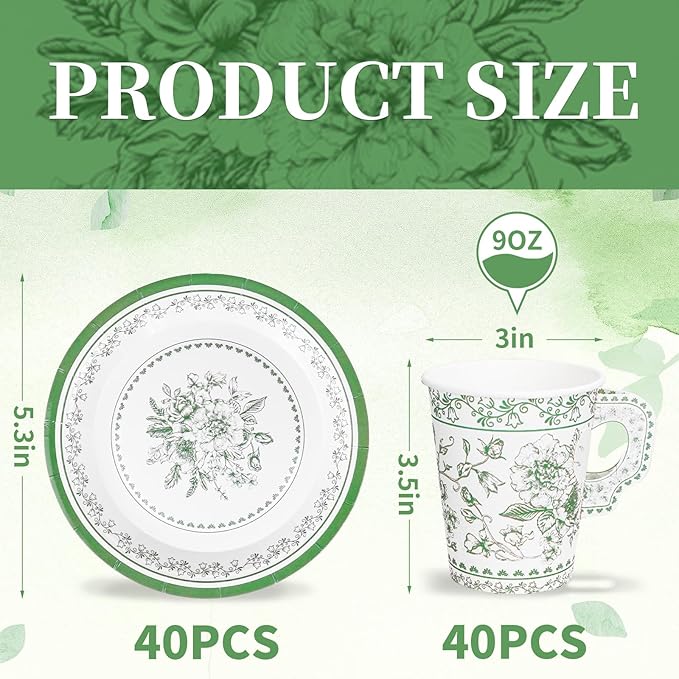 Whaline 80 Pcs Green White Floral Paper Tea Cups and Saucers Porcelain Chinoiserie Flower 9oz Disposable 40 Teacups with Handle and 40 Dessert Plates for Wedding Baby Shower Birthday Spring Tea Party