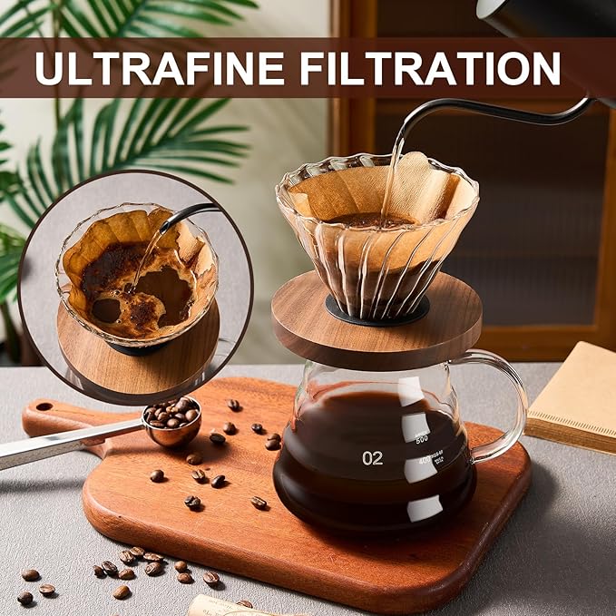 Pour Over Coffee Maker Set 20 OZ, Borosilicate Glass Coffee Server with 50 pcs Paper Filter, Pour Over Coffee Dripper Carafe for Home Cafe Restaurant Camping