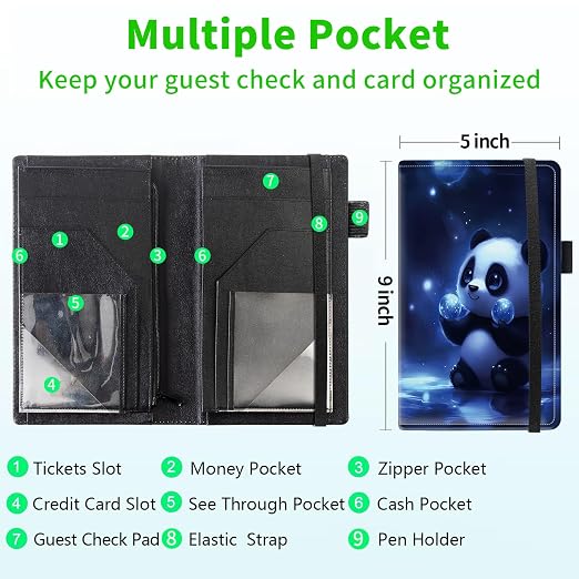 Server Books for Waitress, 5x9 Inch Waitstaff Server Order Pads, 11 Large Pockets, Cute PU Leather Waitress Book Server Wallet with Elastic Band Fit Server Apron,Panda with Orbs - Image 3