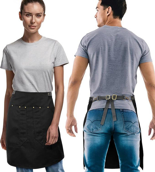 Under NY Sky Half Barista Apron - Black Leather Strap - Riveted Pockets - Double Stiched - Leather Loop - Professional Twill - Bistro, Restaurant, Waiter, Bartender, Server - Black Half Waist Apron