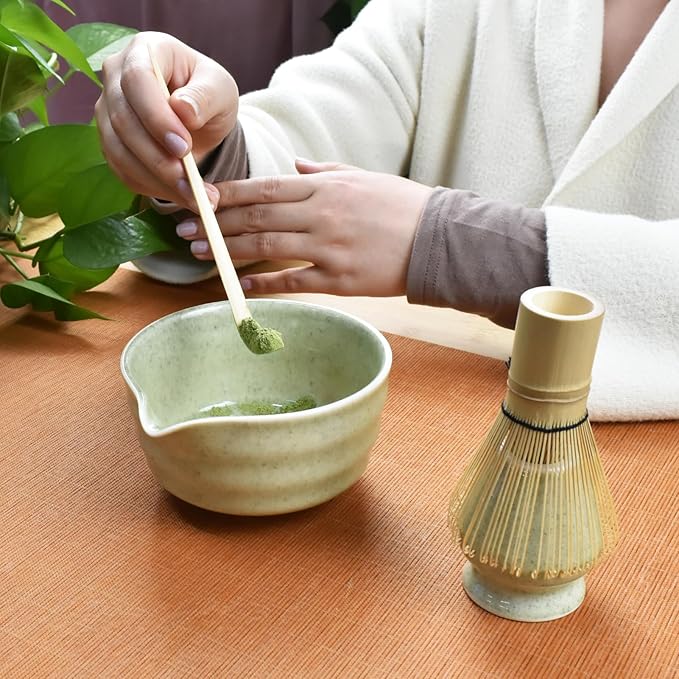 Artcome 4-Piece Matcha Tea Set - Complete Japanese Ceremony Kit with Bowl, Whisk, Whisk Holder, Scoop & Guide, Mottled Light Green