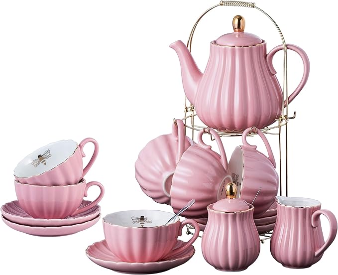 Jusalpha Service for 6- Fine China Pink Coffee Cup/Teacup Set, 8 OZ Cups& Saucer, with Teapot-Sugar Bowl-Cream Pitcher Teaspoons and tea strainer for Tea/Coffee- 24 PC (Pink, Serve of 6)