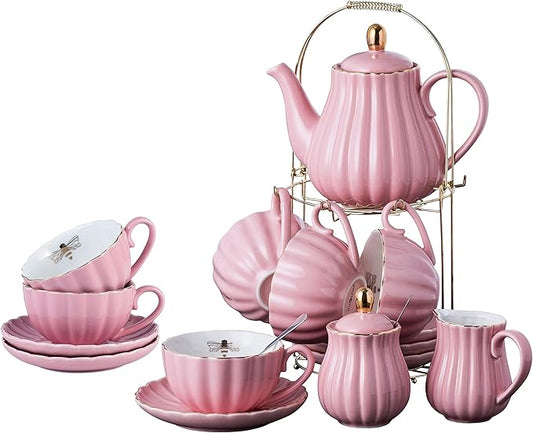 Jusalpha Service for 6- Fine China Pink Coffee Cup/Teacup Set, 8 OZ Cups& Saucer, with Teapot-Sugar Bowl-Cream Pitcher Teaspoons and tea strainer for Tea/Coffee- 24 PC (Pink, Serve of 6)