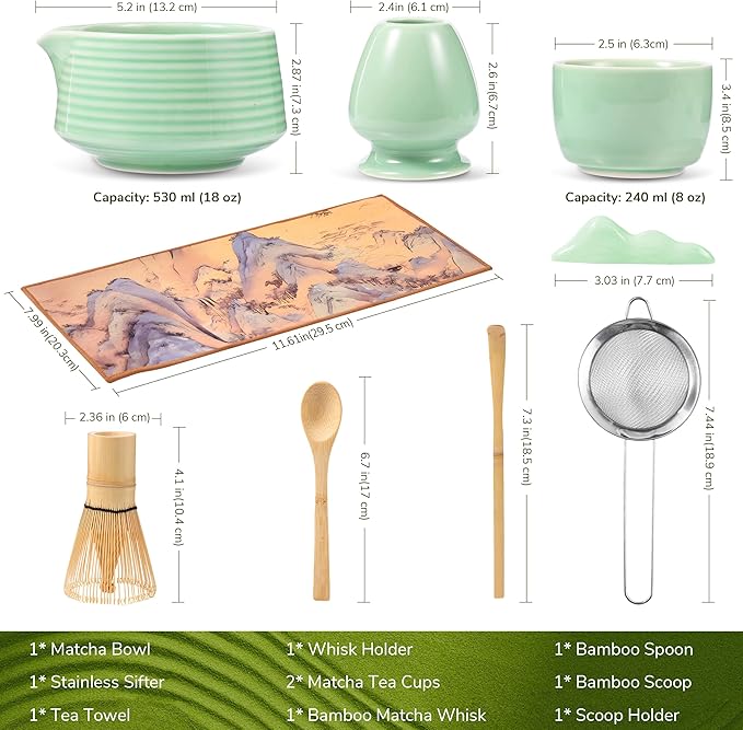 HELPLX Matcha Whisk Set, 10-Piece Japanese Matcha Kit with Bowl, Whisk & Holder, 2 Tea Cups, Bamboo Scoop, Spoon, Sifter, Scoop Rest & Tea Towel – Green Matcha Tea Set for Ceremony or Daily Use