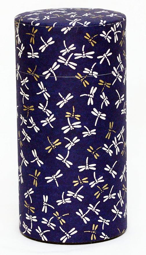 Washi Paper Tea Tin Canister: Long 7oz (200g) Dragon Fly in Midnight Sky (#121), Japan