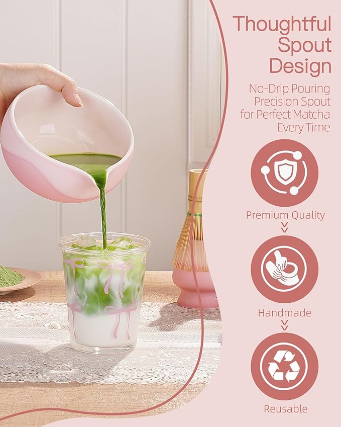 ZENS Matcha Whisk Set, Ceramic Matcha Kit Set Includes Matcha Bowl, Matcha Whisk and Holder, Bamboo Scoop & Holder, 304 Sifter and Tea Mat - 6Pcs Matcha Kit for Matcha Lovers-Pink