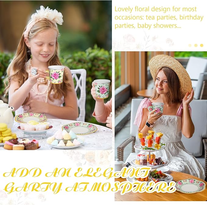 Umigy 60 Sets Tea Party Decorations 6.5 oz Floral Paper Tea Cups with Handle and Plates Disposable Blossom Teacups and Saucers Sets for Girls Kids Birthday Garden Wedding Party Supplies(Yellow, Green)
