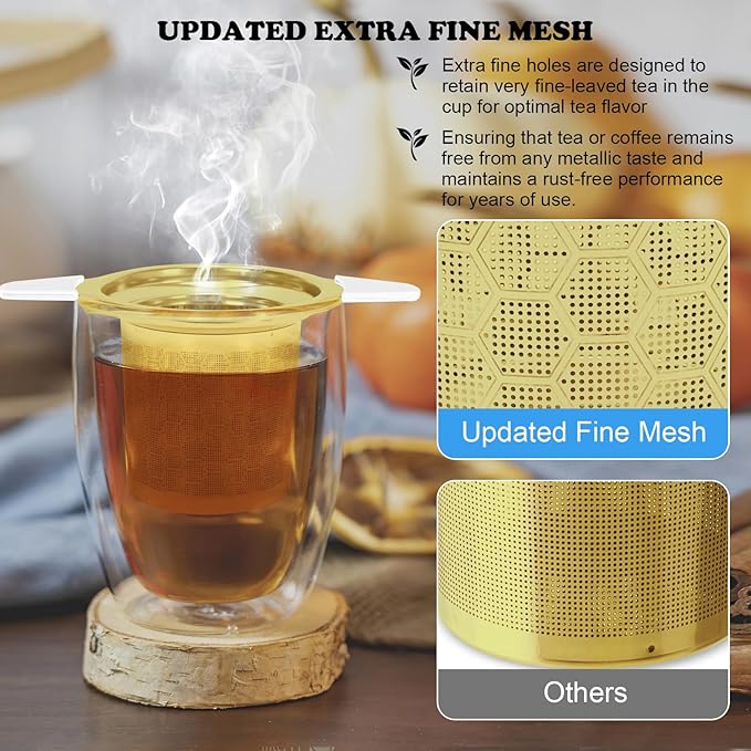 Tea Infuser for Loose Leaf Tea, Extra Fine 304 Stainless Steel Tea Strainer Stepper with Heat-Resistant Silicone Handles and Lid, Large Capacity Tea Basket Filter for Mug, Cup (Gold)