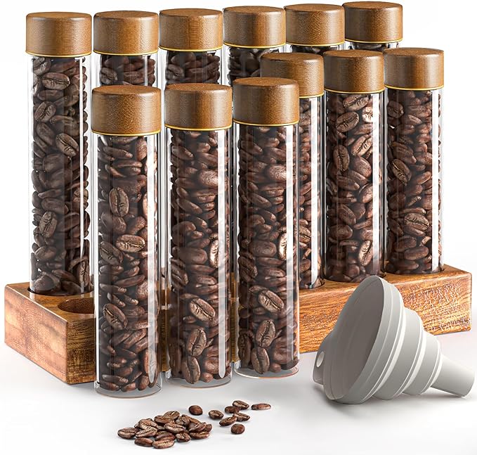 Coffee Bean Cellars with Stand & Hopper, Single Dose Coffee Bean Storage, 12 Pcs Espresso Bean Container with Wooden Holder, Dosing Glass Vials with Lids and Funnel for Coffee, Spices, Tea