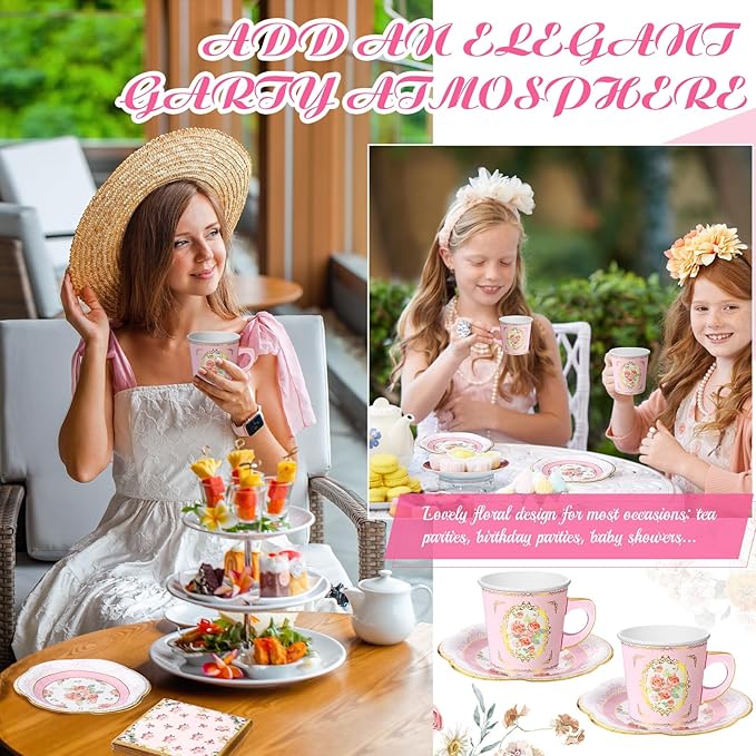 Umigy 36 Sets Tea Party Decorations 9 oz Floral Paper Tea Cups with Plates Paper Napkins Disposable Blossom Teacups and Saucers Sets for Girls Birthday Party Supplies(Pink)