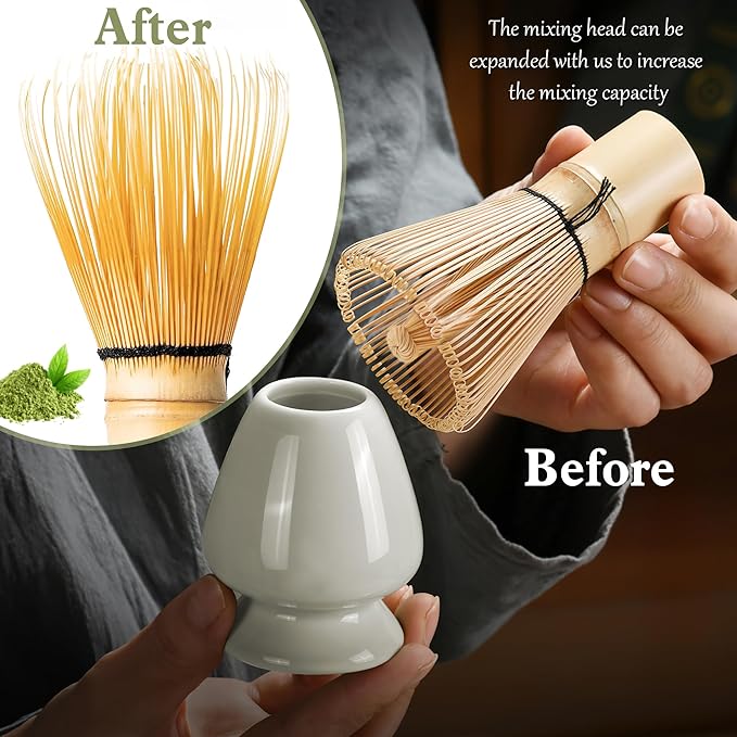 6 Pcs Matcha Whisk Set, Japanese Ceremonial Matcha Making Tools Kit for Bamboo Whisk, Matcha Scoop, Tea Spoon, Ceramic Whisk Holder, Spoon Holder, Powder Sifter - Matcha Green