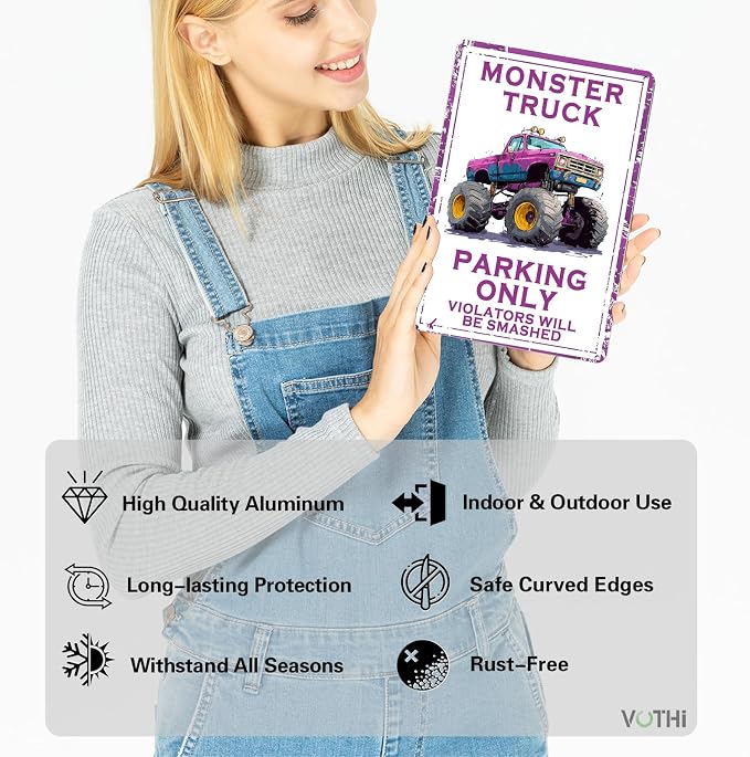 Monster Truck Tin Sign Birthday Decorations & Room Decor, Car Poster for Boys Bedroom, Durable Metal Wall Art, Vintage Style Auto Theme - 8x12 Inches - Image 2