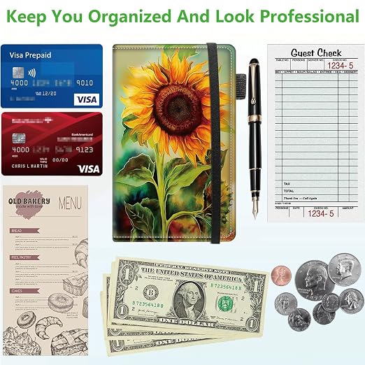 Server Books for Waitress, 5x9 Inch Waitstaff Server Order Pads, 11 Large Pockets, Cute PU Leather Waitress Book Server Wallet with Elastic Band Fit Server Apron,Lovely Sunflowers - Image 5