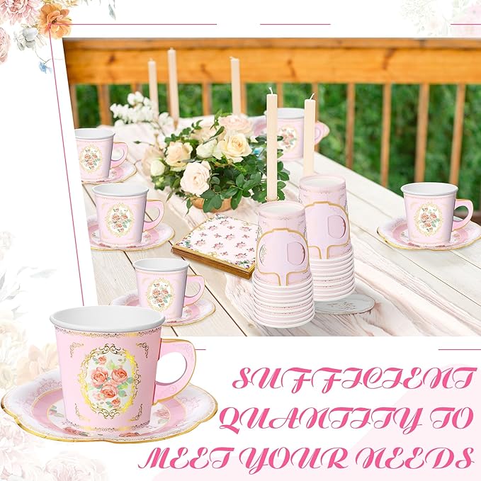 Umigy 36 Sets Tea Party Decorations 9 oz Floral Paper Tea Cups with Plates Paper Napkins Disposable Blossom Teacups and Saucers Sets for Girls Birthday Party Supplies(Pink)